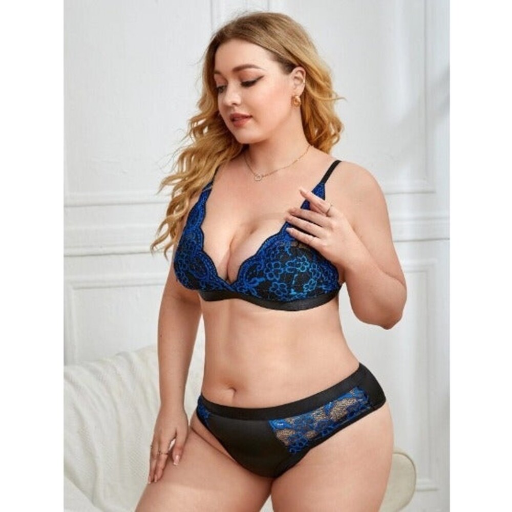 16 Plus (2X) Black & Blue Floral Lace Contrast Mesh Lingerie Set